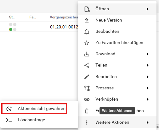 Sie sehen das Kontextmenü zu dem ausgewählten Dokument. Im untersten Menüpunkt findet sich Akteneinsicht gewähren (rot umrandet).
