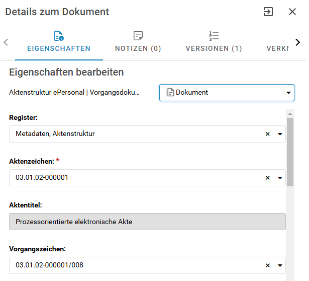 Nach Auswahl der neuen Dokumentart sind einzelne Metadatenfelder ausgegraut und nicht mehr änderbar.