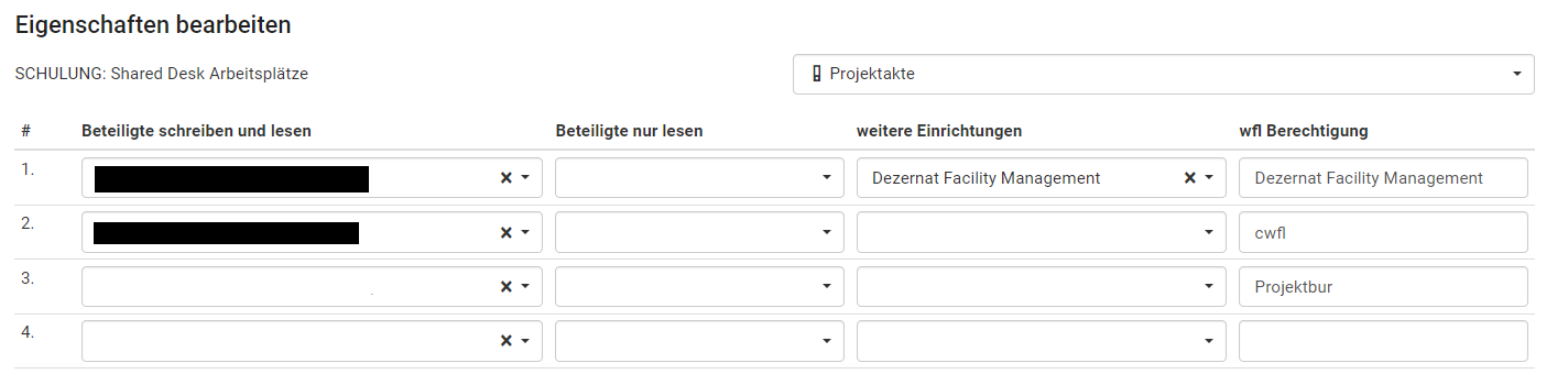 Die Ansicht der Mehrfachwerte ist abgebildet. Die Spalten "Beteiligte schreiben und lesen", "Beteiligte nur lesen" und "weitere Einrichtungen" mit mehreren einzelnen Eingabefeldern unterhalb sind zu sehen.