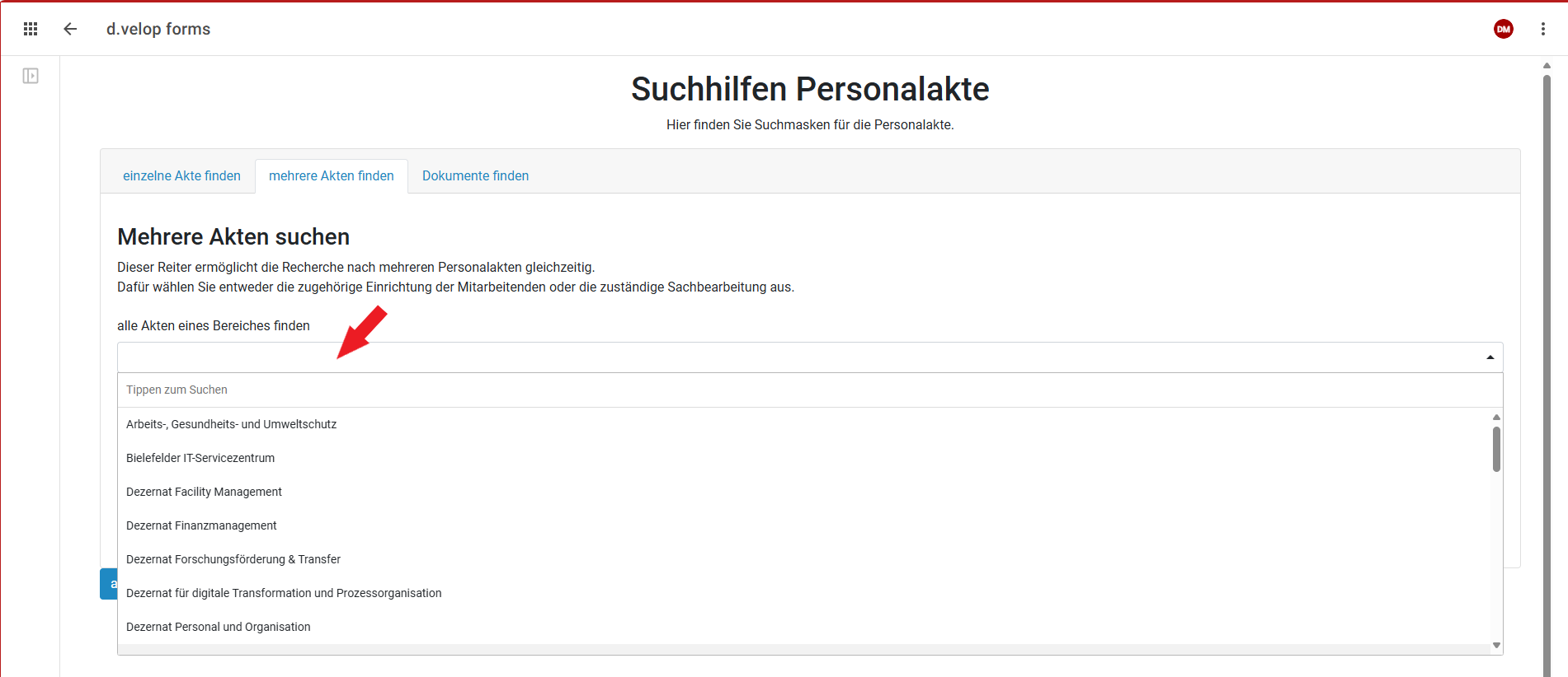 Sie sehen die ausgeklappte Wertemengenliste zu "mehrere Akten finden".