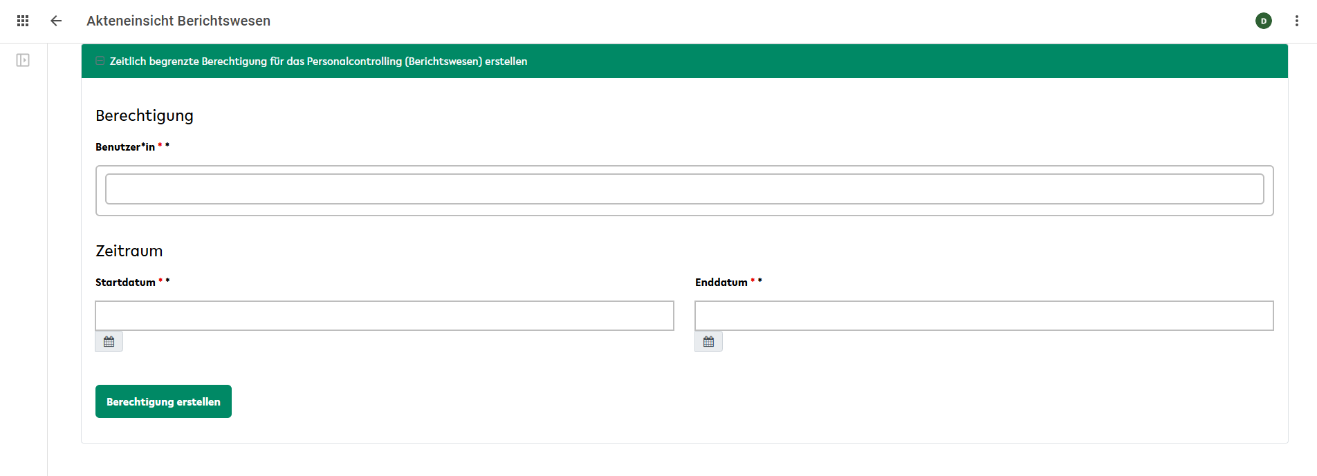 Formular zur Vergabe der temporären Berechtigungen