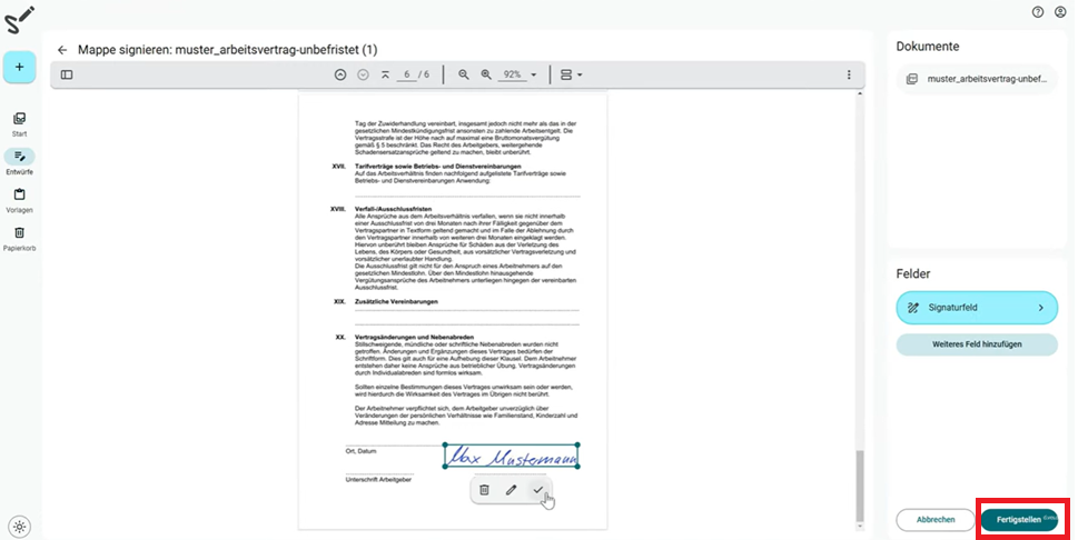 Hier können sie sehen, wie Sie ein Signaturfeld in einem Dokument hinzufügen.