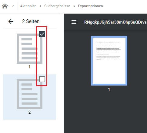 Die Vorschau zeigt ein zweiseitiges Dokument. Die Häkchen zur Auswahl an jeder einzelnen Seite sind durch einen roten Kasten hervorgehoben.