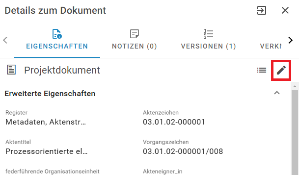 Auf den Reiter Eigenschaften navigieren und dort das Stift-Symbol anklicken, um die Eigenschaften zu bearbeiten.