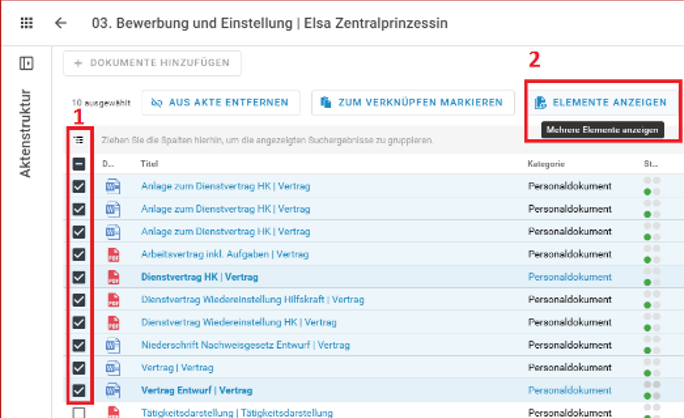 Sie sehen, wie Sie mehrere Dokumente auswählen und anzeigen lassen können.
