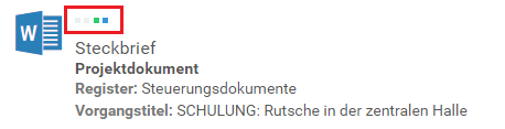 Ein Dokument in der Listenansicht des DMS/eAkte. Der Status des Dokuments wird über vier quadratische Kästchen angezeigt. Das dritte von links ist grün und das vierte blau, die anderen grau.