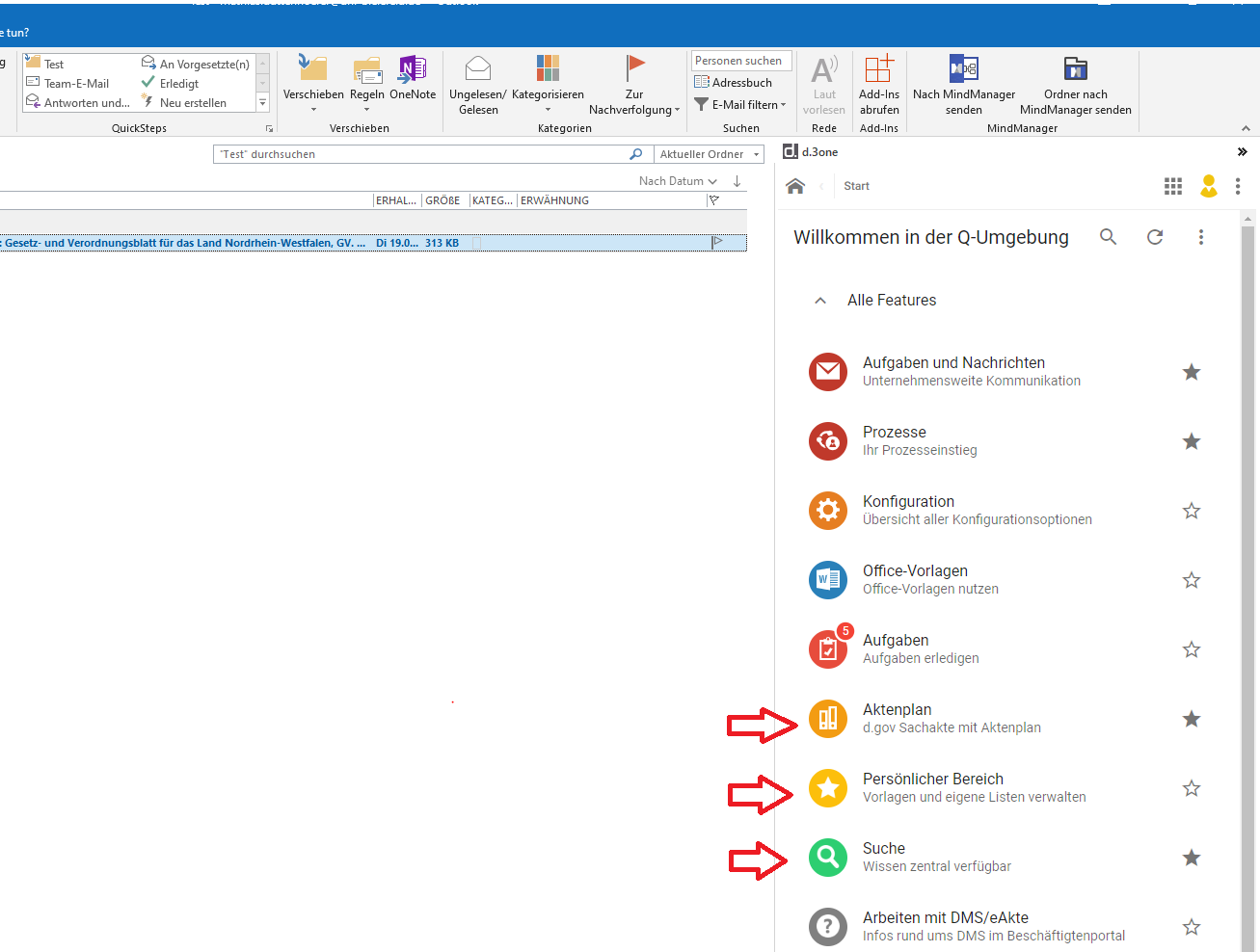 Abbildung der geöffneten Startseite des Dokumentenmanagementsystems in Outlook.