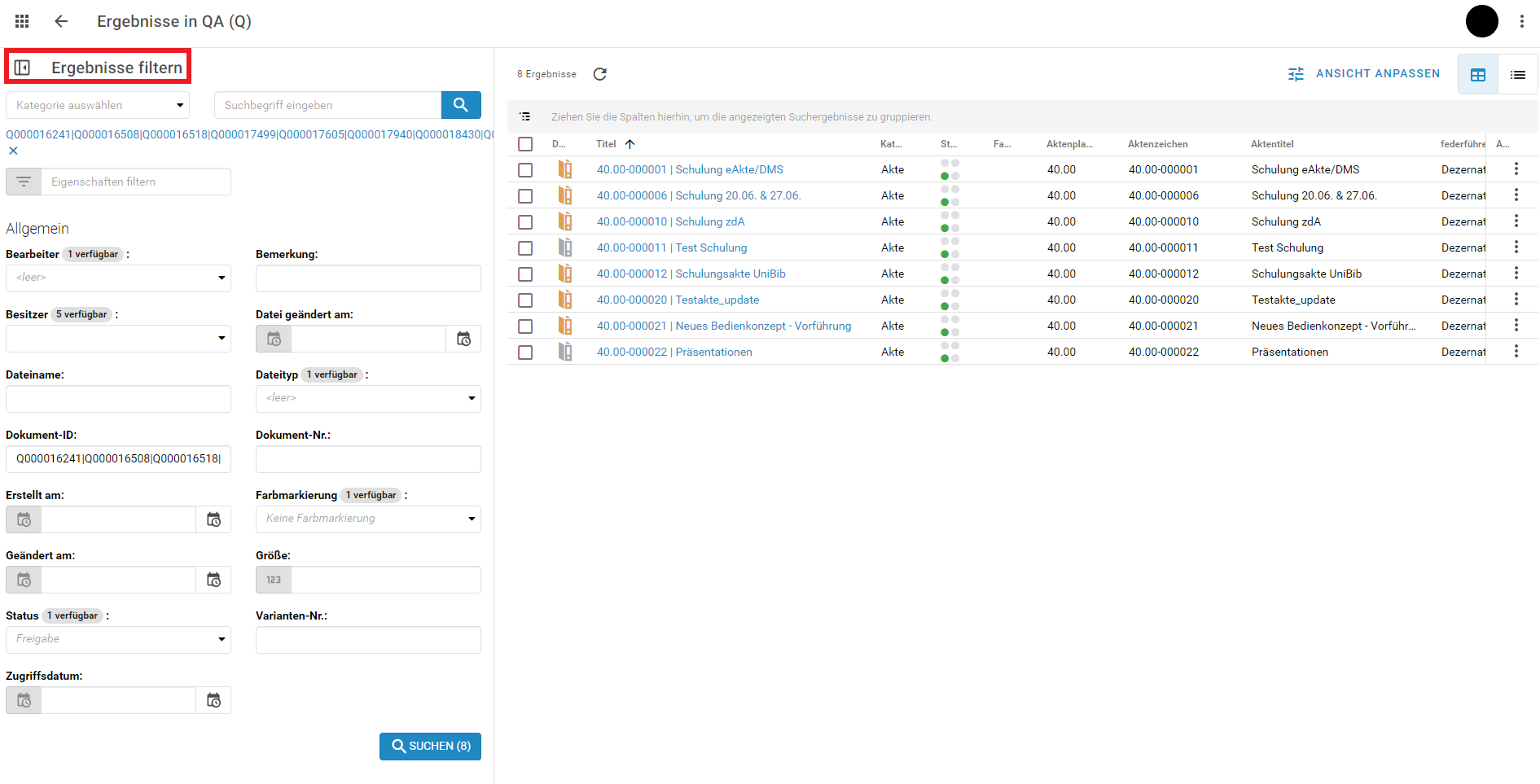 Abbildung der Trefferliste mit ausgeklapptem Suchfeld links.
