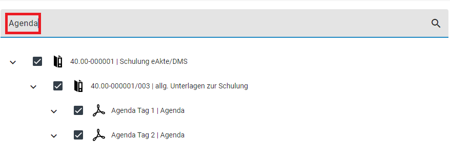 Im Suchfenster wurde das Stichwort Bericht eingegeben. Das Suchergebnis zeigt verschiedene Agenden. Das Suchwort wird durch eine rote Umrandung hervorgehoben.