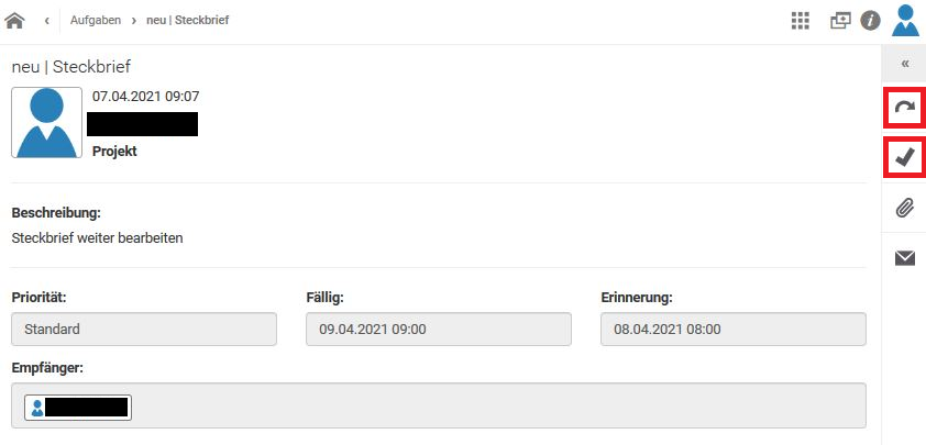 Die Detailansicht der Aufgabe ist zu sehen. Rechts von den Informationsfeldern befinden sich die Symbole der Schaltflächen "Weiterleiten", "Erledigen", "Anhang hinzufügen" und "Als ungelesen markieren".