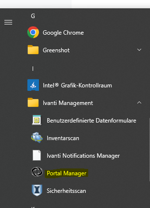 Zu sehen ist der Eintrag Ivanti Portal Manager im Startmenü von Windows.