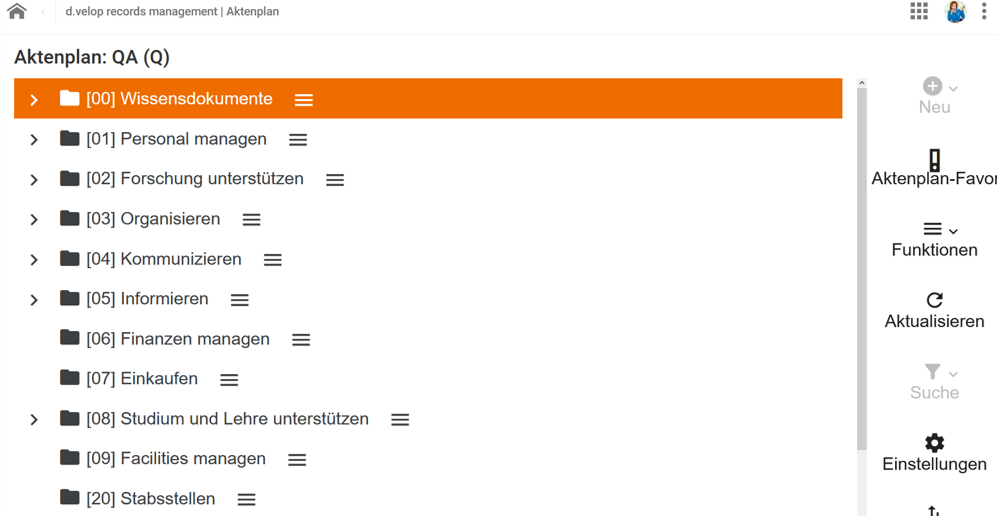 Die Geschäftsprozesse werden untereinander gelistet: 00 Wissensdokumente, 01 Personal managen, 02 Forschung unterstützen, 03 Organisieren, 04 Kommunizieren, 05 Informieren, 06 Finanzen managen, 07 Einkaufen, 08 Studium und Lehre unterstützen, 09 Facilities managen, 20 Stabsstellen, 30 Vertretungen managen und 40 allgemeine Dateiablagen.