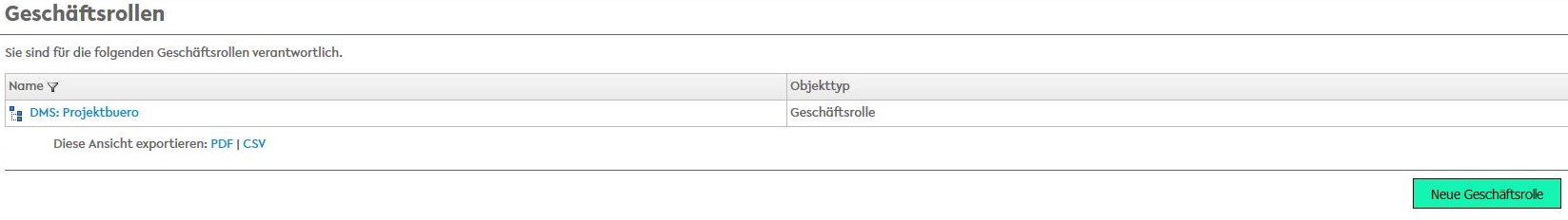 In einer tabellarischen Ansicht werden die Geschäftsrollen gezeigt, für die die eingeloggte Person verantwortlich ist. Die linke Spalte beinhaltet den Namen der Geschäftsrolle (hier: DMS:Projektbüro) - und die rechte den Objekttyp (Geschäftsrolle). Unten rechts ist die Schaltfläche "Neue Geschäftsrolle" zu sehen.