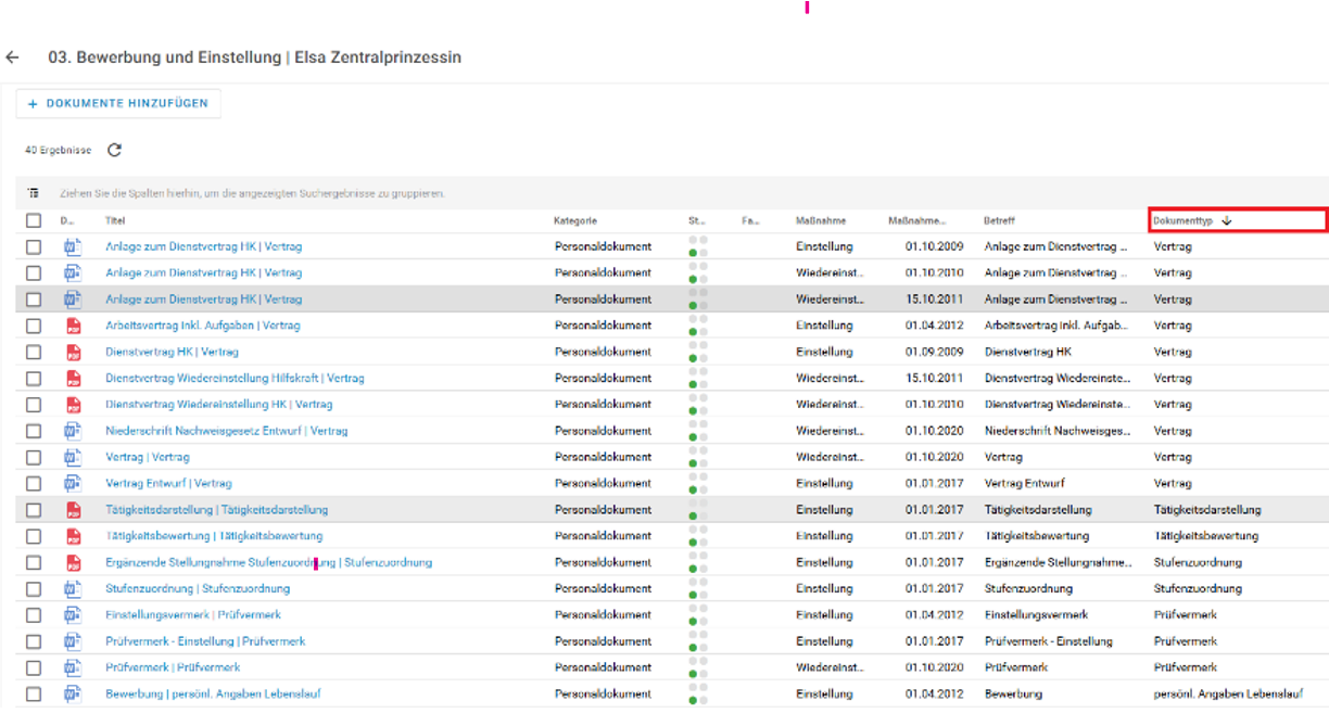Sie sehen die Vorgänge sortiert gemäß dem Reiter Dokumententyp.