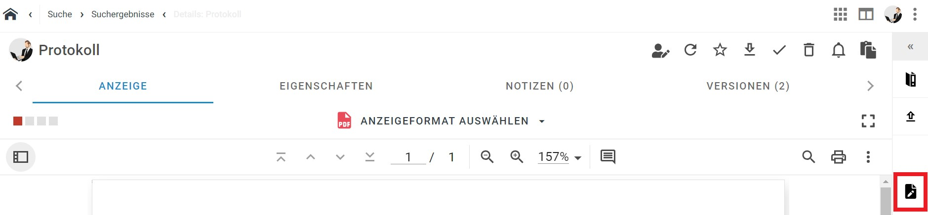 alt= Erneut wird obere Teil eines Dokumentes angezeigt. Zur Verdeutlichung wurde eine Schaltfläche am rechten Bildschirmrand rot umrandet, die das Symbold für Local Edit zeigt. Es handelt sich dabei um einen weißen Stift auf einer schwarzen Seite mit einem Knick.