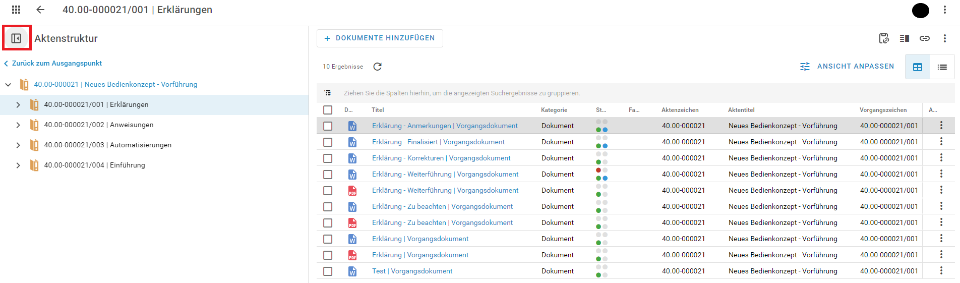 Übersicht einer geteilten Ansicht in einer Trefferlist. Links ist die aufgeklappte Aktenstruktur zu sehen.