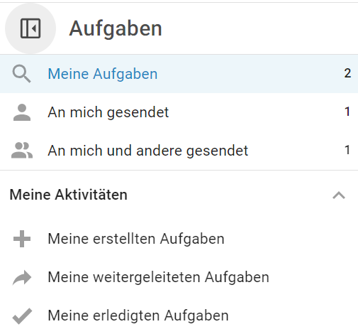 Es wird das Aufklappmenü Meine erstellten Aufgaben gezeigt.