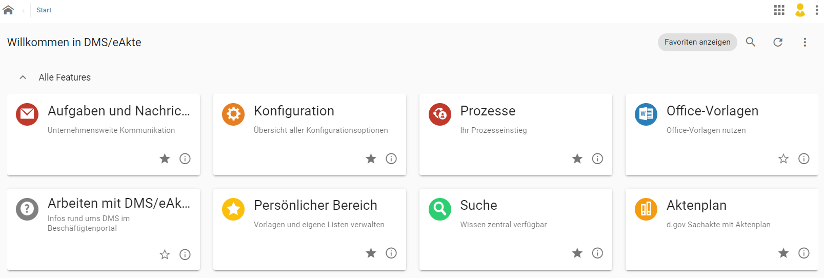 Startseite des Dokumentenmanagementsystems. Übersicht der einzelnen Funktionskacheln.