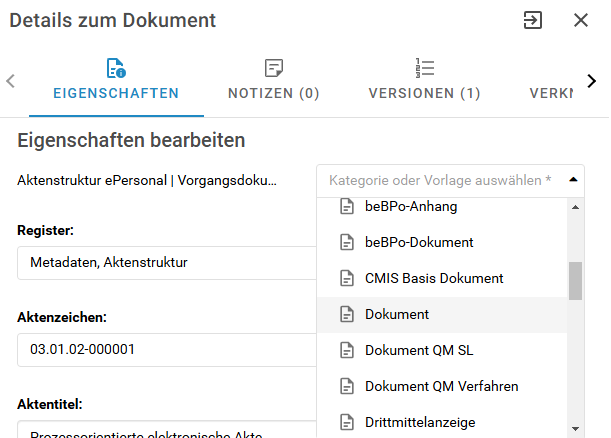 Über ein Dropdown-Menü können Sie alle verfügbaren Dokumentarten sehen.