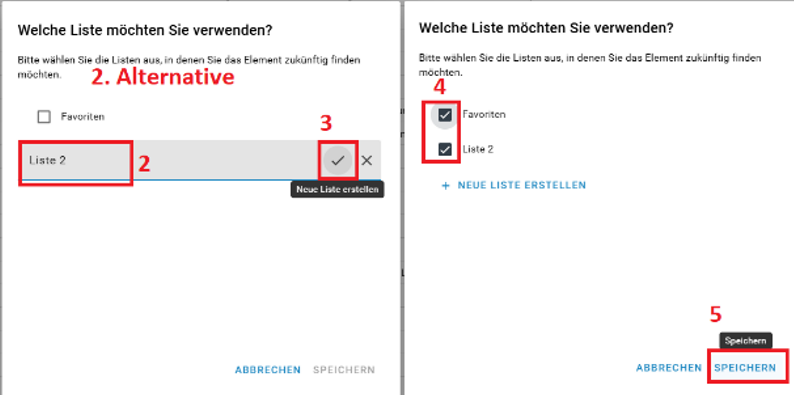 Sie sehen, wie Sie eine selbst erstellte Favoritenliste benennen, speichern und zwischen verschiedenen Listen auswählen können.