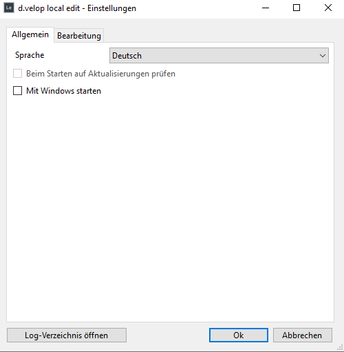 Zu sehen ist der Reiter Allgemein der Einstellungen von d.velop local edit.