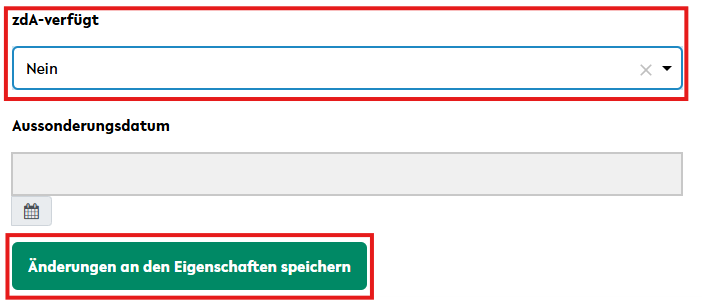 Ansicht Eigenschaft z.d.A-verfügt auf Nein.
