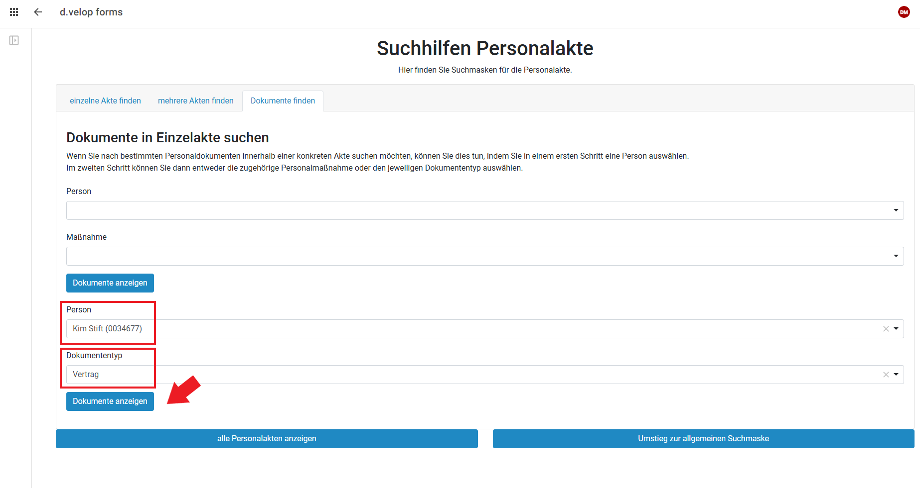 Sie sehen den ausgewählten Reiter zu "Dokumente finden" mit ausgefüllten Feldern zum Dokumententyp.