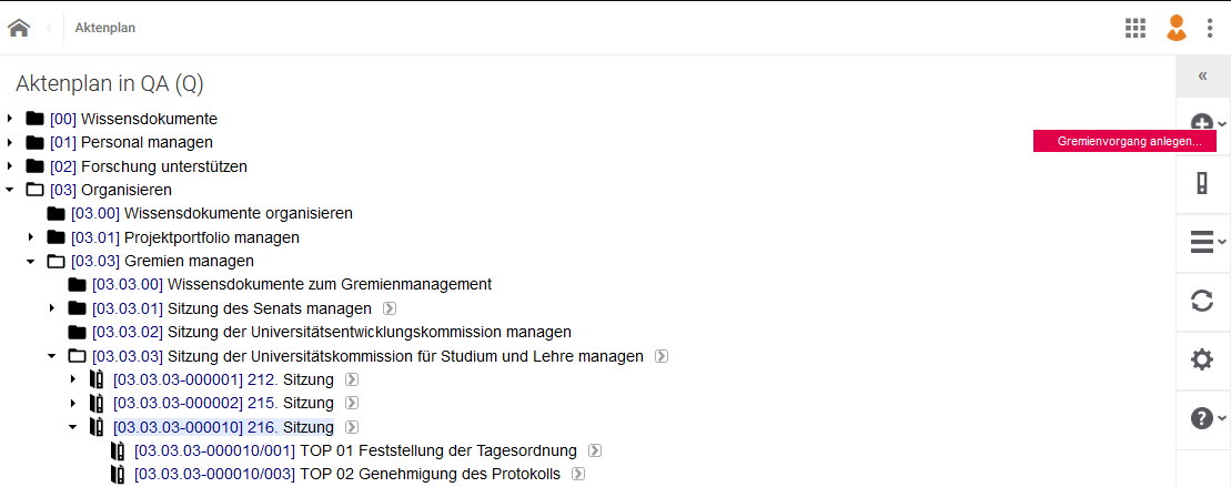 Der Aktenplan ist zu sehen. Die Akte "216. Sitzung" ist blau hinterlegt. Bei dem Plussymbol oben rechts wird eine zusätzliche Schaltfläche mit "Gremienvorgang anlegen" angezeigt.