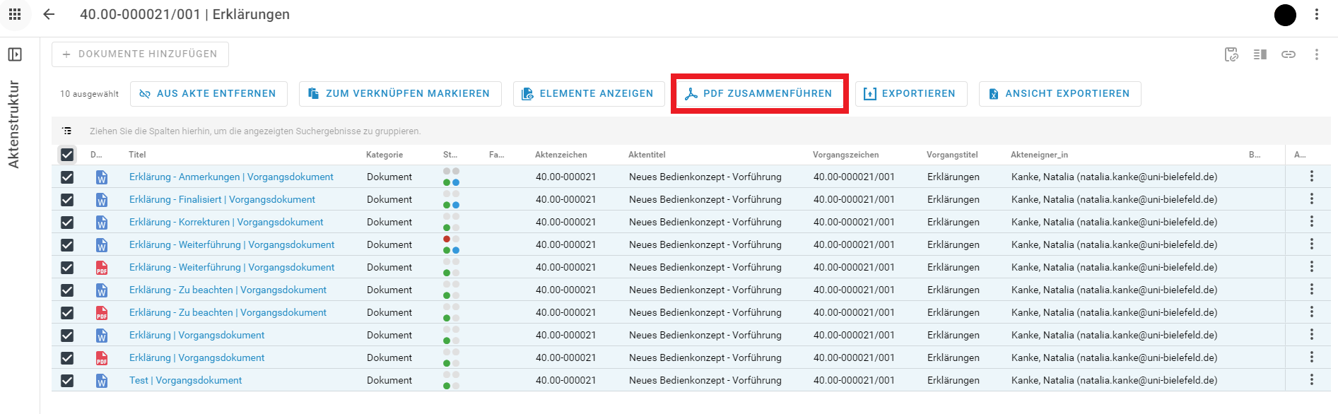 Im oberen Menü ist die Schaltfläche PDF zusammenführen durch eine rote Umrandung hervorgehoben.