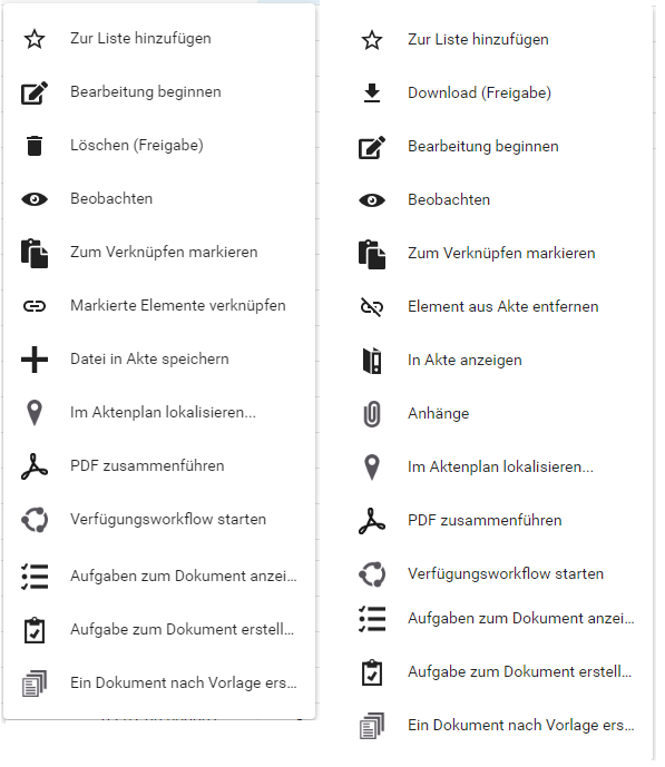 Links ist das Kontextmenü einer Akte, rechts das eines Dokuments zu sehen.