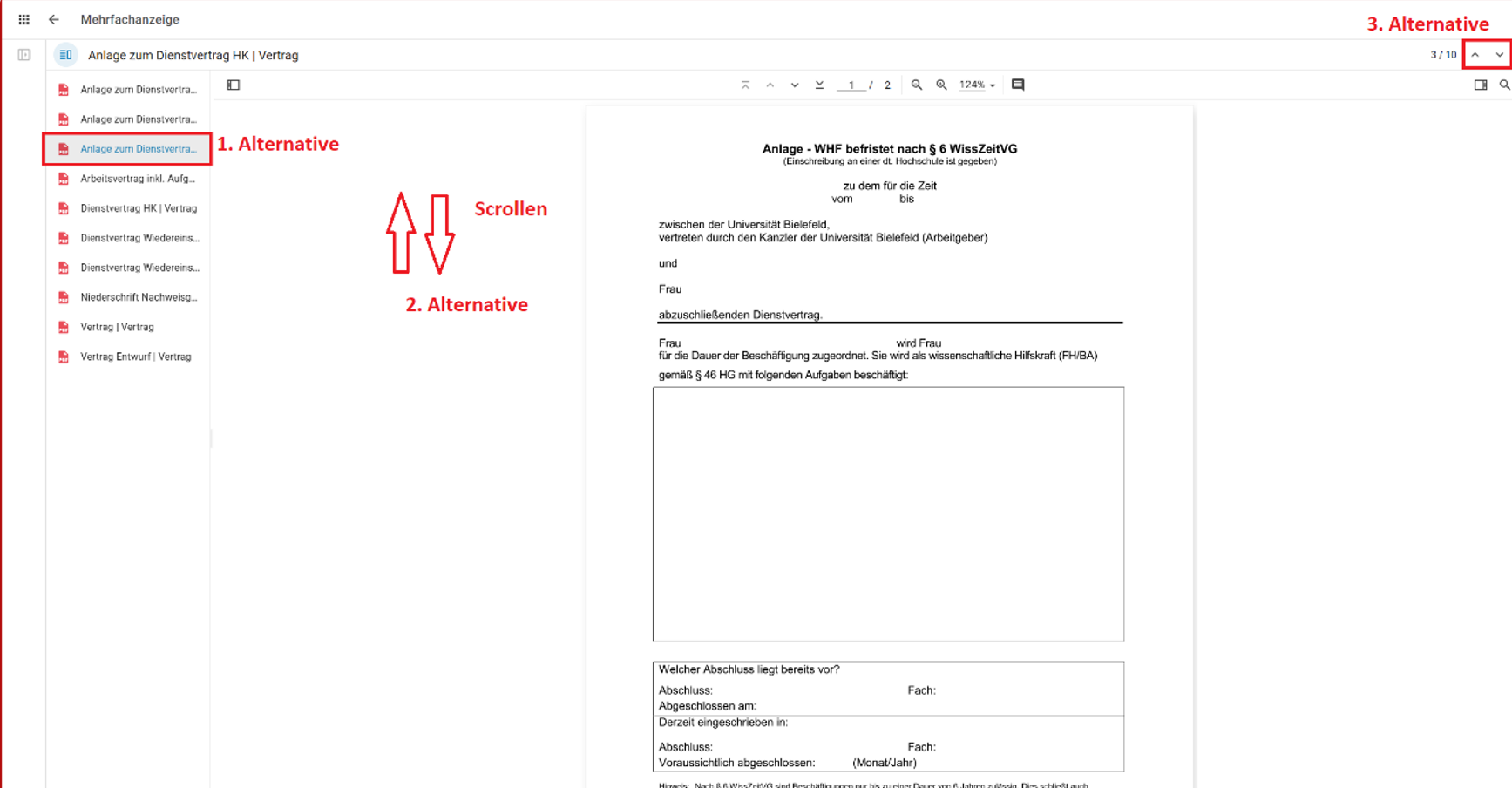 Sie sehen die drei Möglichkeiten zwischen Seiten des Dokuments zu wechseln: antippen, scrollen, blättern.