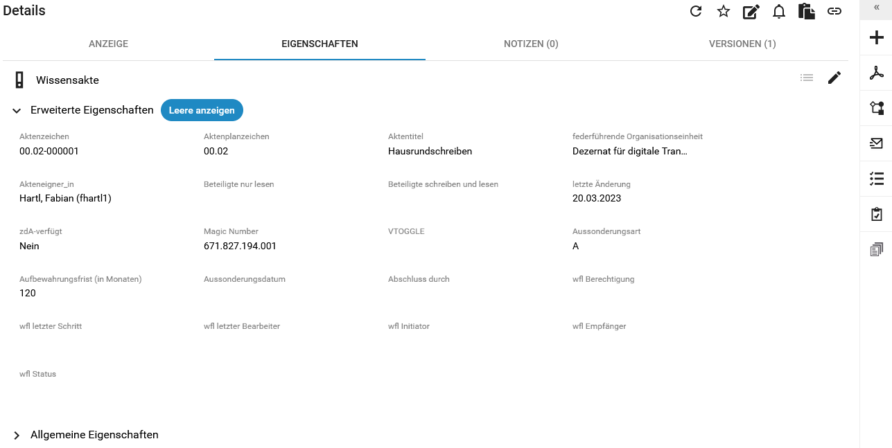 Der Aktenplaneintrag Informationen für die Verwaltung wird angezeigt. Er enthält die Metadatenfelder Titel: Informationen für die Verwaltung, Aktenplanzeichen: 00.02, Aussonderungsart: B, Aufbewahrungsfrist: 120 und Transferfrist: 0.