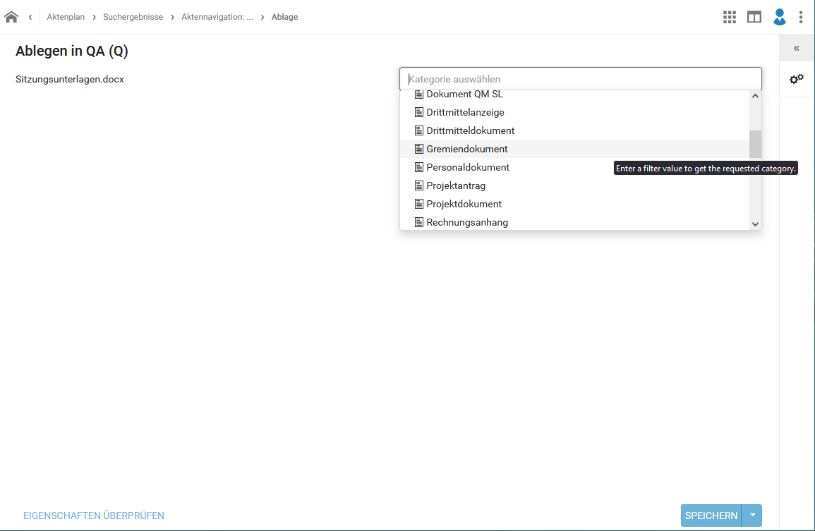 Die Eingabemaske zum Ablegen eines Dokuments ist zu sehen. Das Dropdown-Menü im Feld Kategorie ist aufgeklappt und der Menüpunkt "Gremiendokument" ist grau hinterlegt.