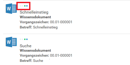 Zwei Dokumente in der Listenansicht sind zu sehen. Auf der linken Seite, rechts vom Microsoft Word Symbol, sind vier rechteckige Kästchen zu sehen. Das dritte Kästchen von links ist grün, das vierte blau.