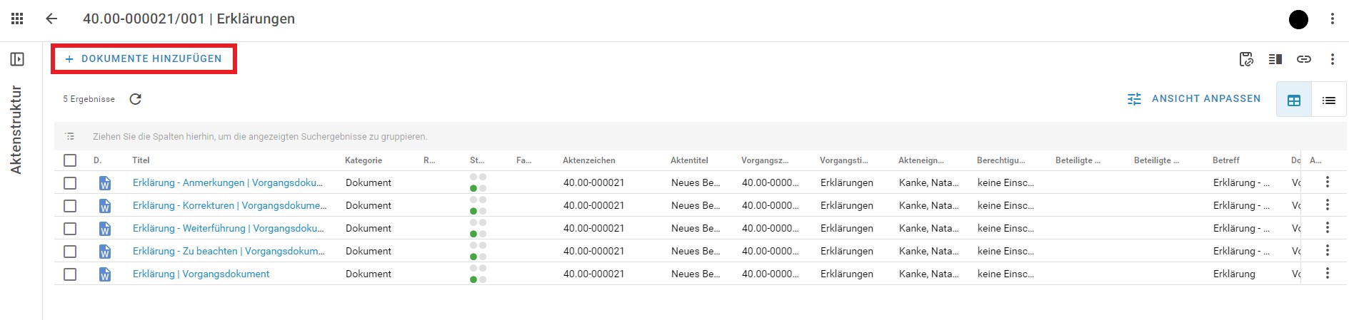 Es wird der Inhalt eines Vorganges namens Erklärungen angezeigt. Auf der Seite werden die einzelnen Dokumente aufgelistet, die in diesem Vorgang vorhanden sind.