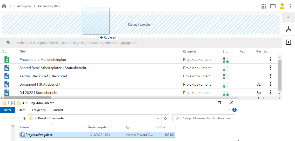 Aus einem Ordner eines File-Laufwerks wird eine Datei per Drag-and-drop "entnommen". In der Ansicht des Vorgangs ist im oberen Bereich eine schraffierte Fläche mit der Beschriftung "Manuell speichern" zu sehen, über die die Datei gehalten wird.