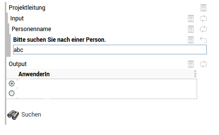 Es wird ein ausgeklapptes Menü Projektleitung gezeigt: In eine Suchzeile darunter soll ein Personenname eingegeben werden.