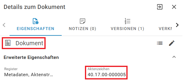 Nach Abspeichern der Änderungen wurde das Dokument umgehängt und ist in der neuen Akte findbar.