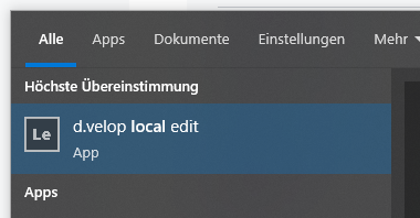 Nach der Installation wird d.velop local edit nicht automatisch gestartet. Wenn Sie z.B. Einstellungen verändern wollen (s.u.), dann starten Sie es am besten einmal händisch. Am einfachsten ist es, wenn Sie dafür im Windows Startmenü nach dem Begriff "local edit" suchen und die Applikation einmal mit Klick ausführen.