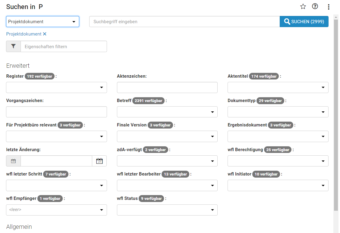 Übersicht der erweiterten Sucheinschränkungsfelder im Dokumentenmanagementsystem.