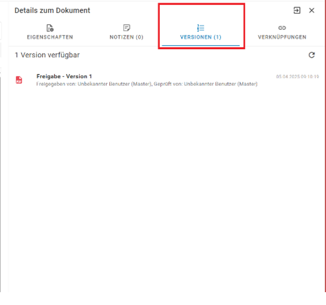 Sie sehen die verschiedenen Versionen des Dokuments angezeigt. In Klammern sehen Sie die Anzahl an Versionen.