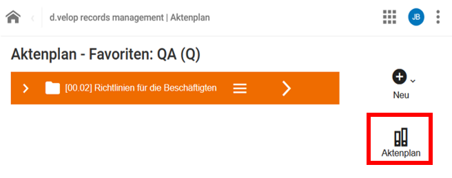 Ansicht der Aktenplan Favoriten. Das Symbol zweier Aktenordner nebeneinander zum Erweitern des Aktenplans ist rot hervorgehoben.