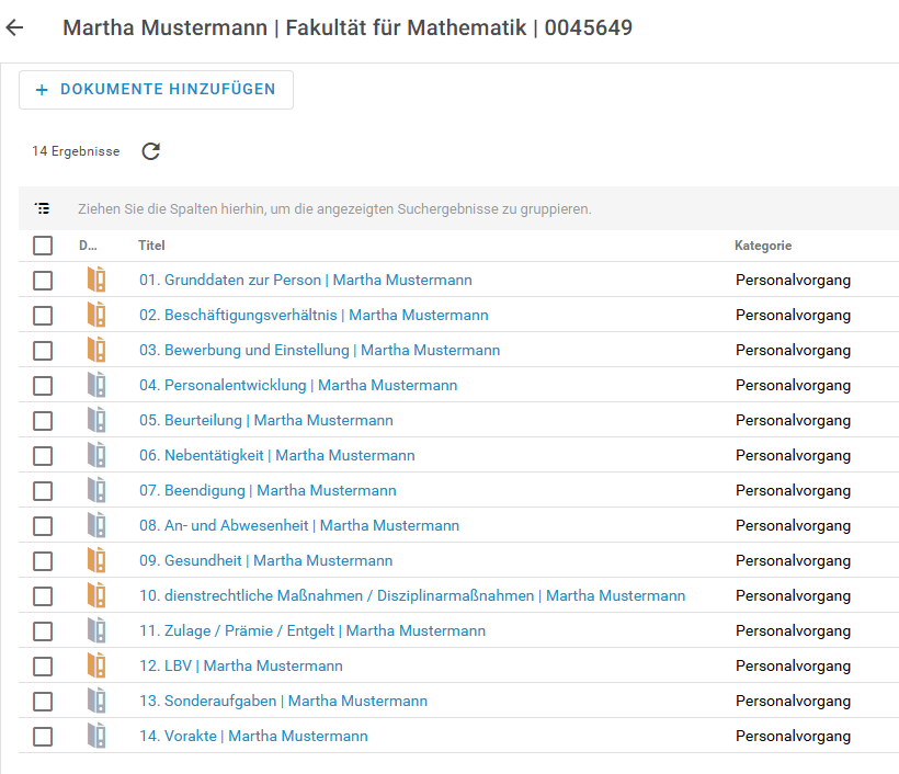 Sie sehen die Personalakte der jeweilig beschäftigten Person mit den 14. Vorgängen.