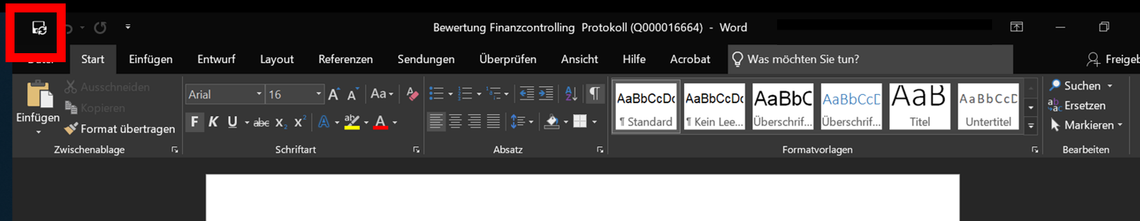 Es wird das obere Menüband von Word angezeigt. Ganz oben in der linken Ecke befindet sich normalerweise das Symbol einer Diskette, mit dessen Anklicken gespeichert wird. Dieses Speichersymbol ist nun zur Veranschaulichung rot umrandet. Das Symbol selbst hat sich verändert, es sind nun zwei Pfeile, die in einem Kreis angeordnet sind hinzugekommen.