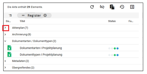 Gruppierung in der Tabellenansicht nach Registern im Dokumentenmanagementsystems.