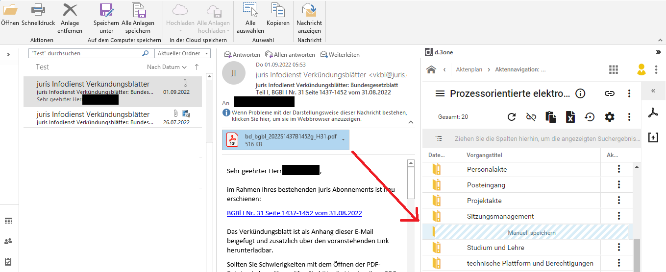 Im rechten Outlook Bereich befinden sich die Teilvorgänge eines Vorgangs des Dokumentenmanagementsystems, wo Sie die E-Mail oder den Anhang per darg an drop ablegen können.