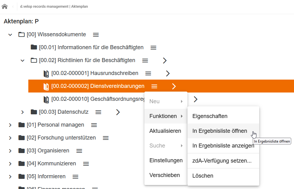 Im rechten Seitenmenü des DMS ist das Untermenü unter den drei waagerechten Strichen ausgewählt. Es enthält die Einträge Eigenschaften, In Ergebnisliste anzeigen, zdA-Verfügung setzen und Löschen. In Ergebnisliste anzeigen ist ausgewählt.