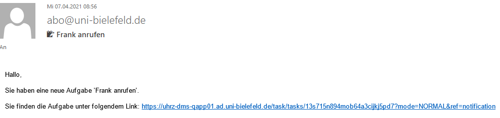 Eine E-Mail mit dem Hinweis, dass Sie eine neue Aufgabe erhalten haben mit einem Link zur Aufabe, ist zu sehen.