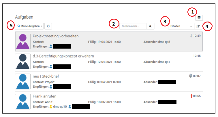 Eine Übersicht der offenen Aufgaben ist zu sehen. Oberhalb der Auflistung finden sich verschiedene Eingabe- und Aktionsfelder.