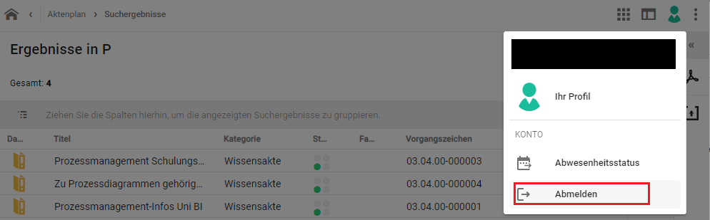 In der rechten oberen Ecke des DMS/eAkte ist das persönliche Menü geöffnet. Es enthält die Punkte Ihr Profil, Abwesenheitsstatus und Abmelden. Abmelden ist durch einen roten Kasten hervorgehoben. Die restliche Ansicht des DMS/eAkte ist abgedunkelt.